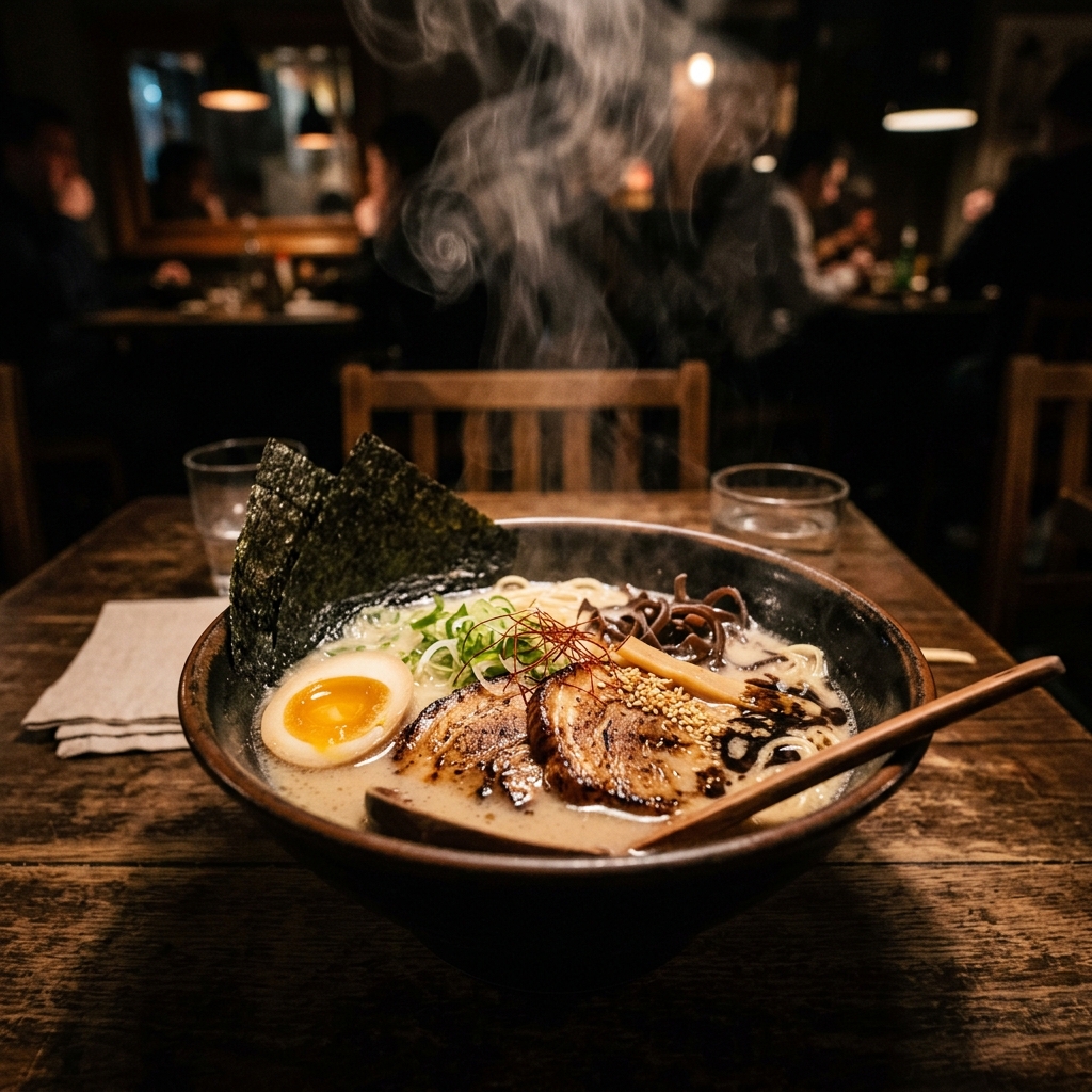 Tonkotsu ramen bowl with chashu pork, nori and soft-boiled egg